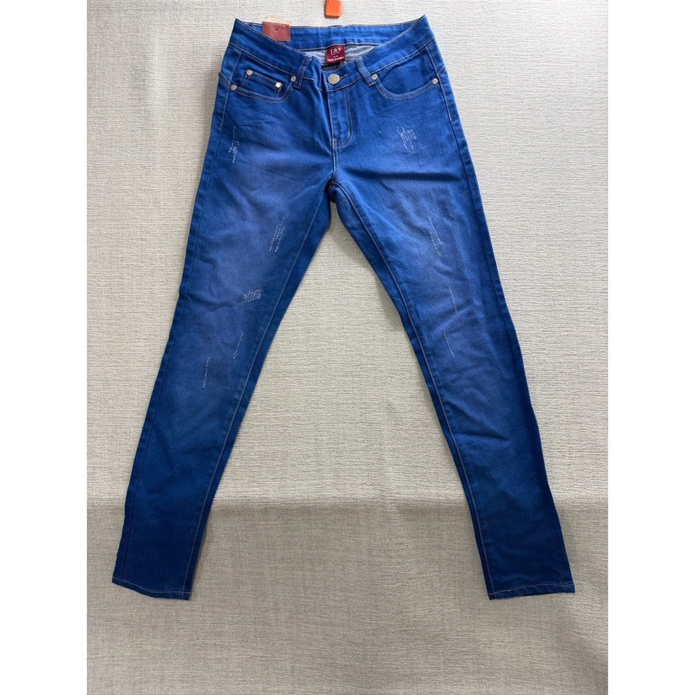 T&Y Fashion Jeans Womens 5/6 Blue Denim Cotton Stretch Skinny Leg Distressed
